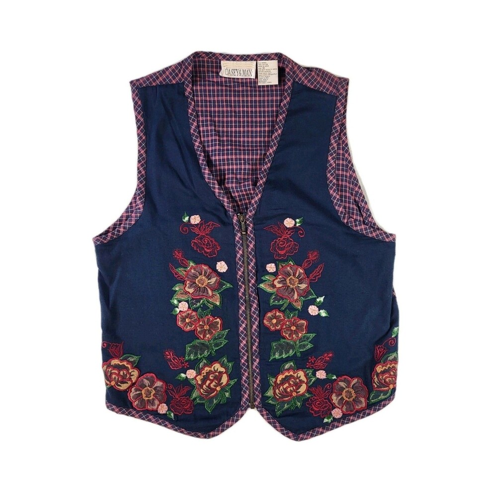 Casey & Max Vest Women's M Floral Embroidered Plaid Primitive Granny Cottage 90s